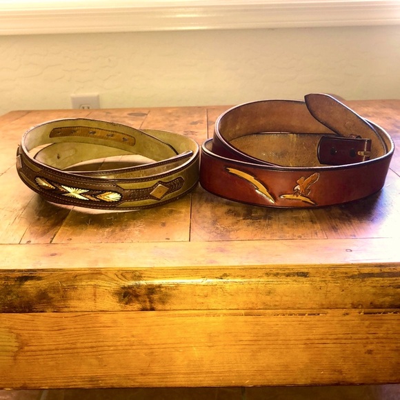 Men’s Leather Belt VTG Bald Eagle w/lighting Bolt & Genuine Leather Western Belt - Picture 1 of 16